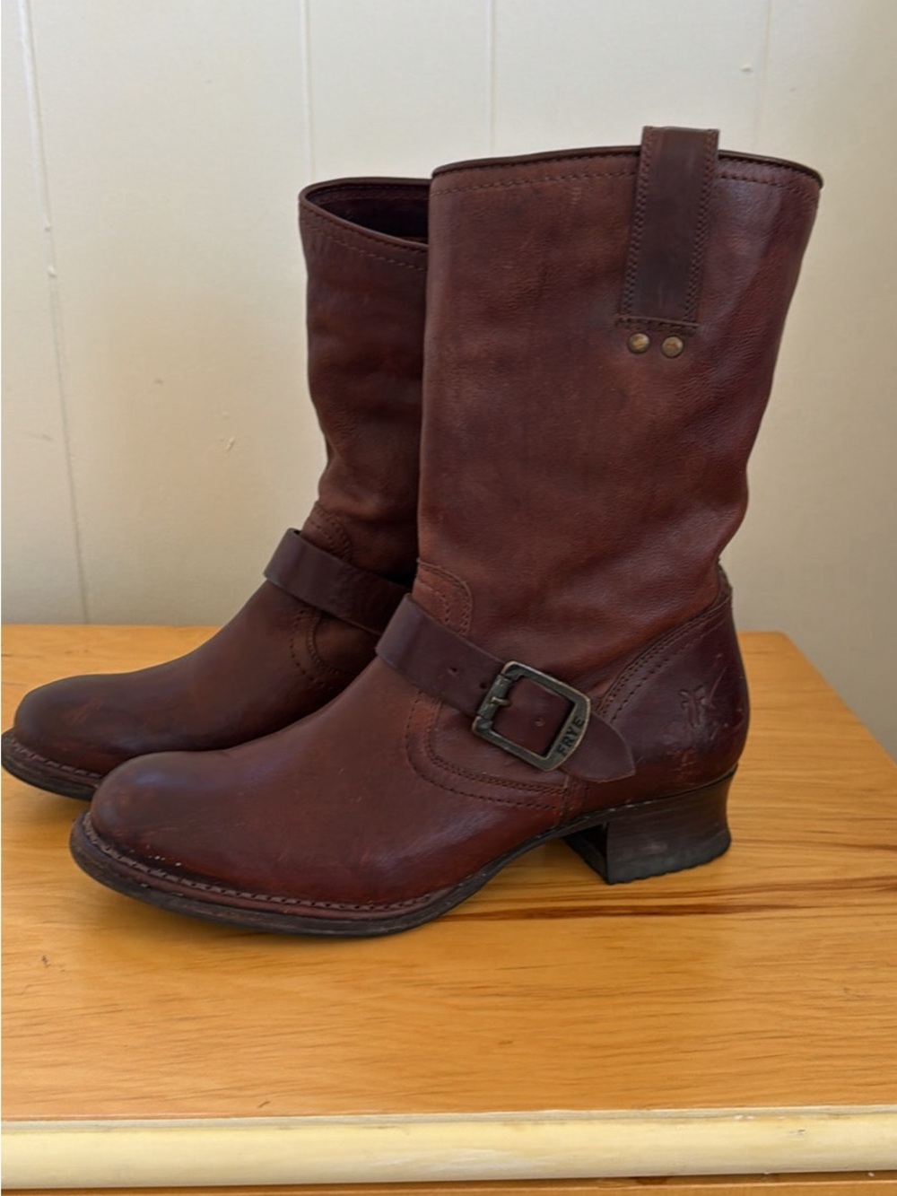 Frye Brown Leather Mid-Calf Harness Boots